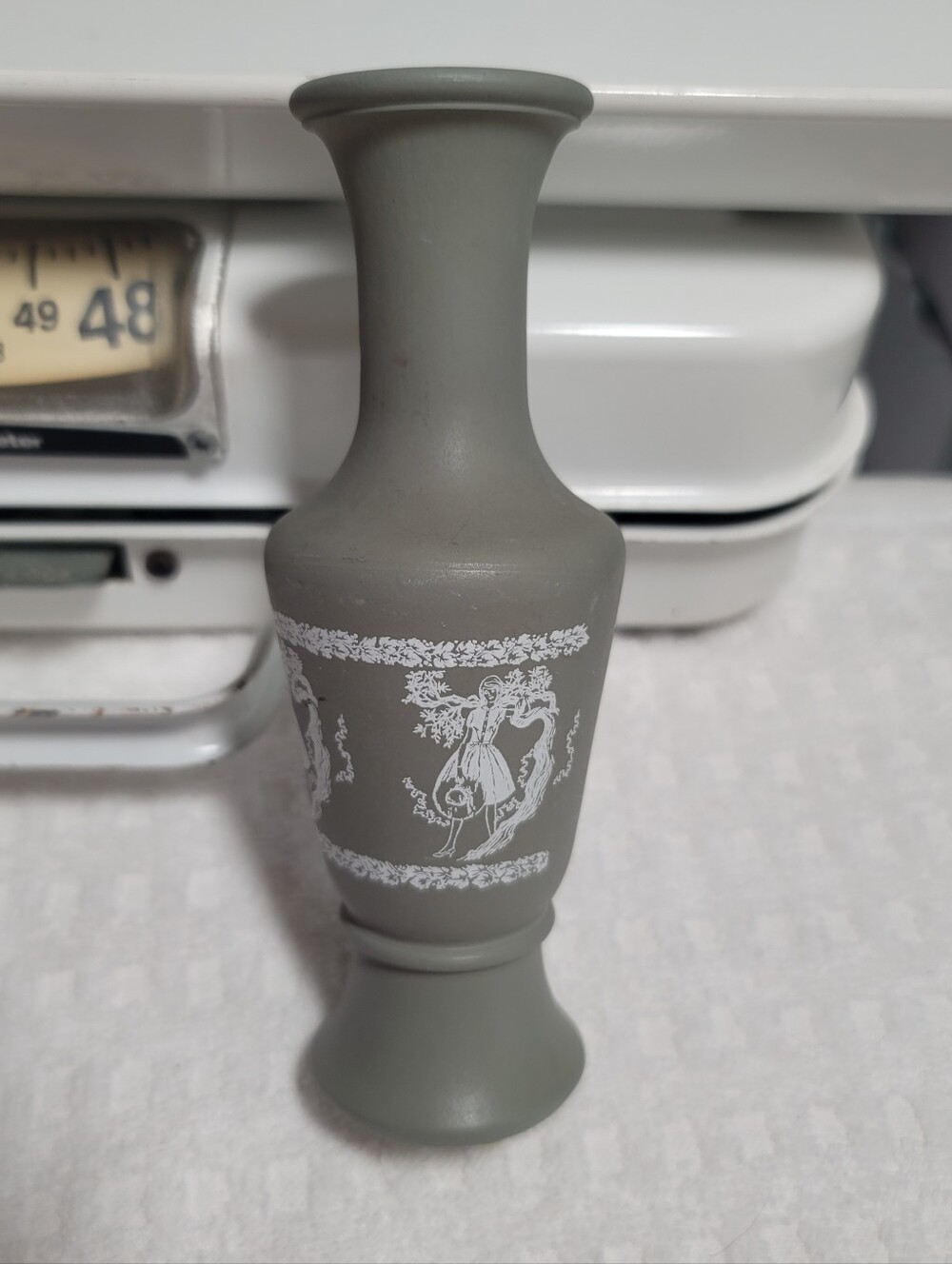 Vintage Avon Mimicked "Wedgewood" Jasperware Sage Green Bud Vase.